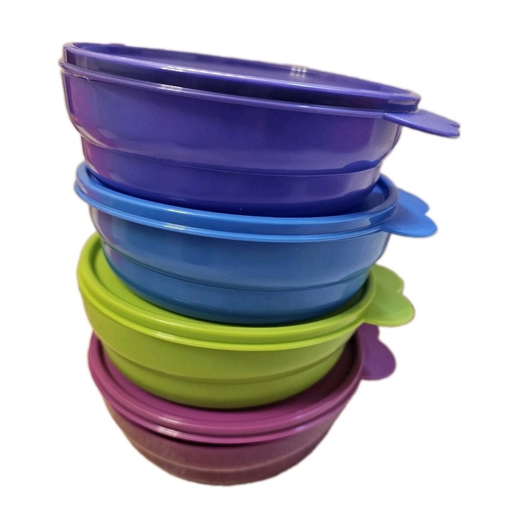 Tupperware Microwave Reheatable Cereal Bowls Set of 4 Colorful Lids 2415B-1 NEW